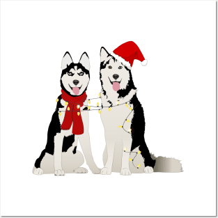 cute winter huskies, Husky in the Santa Claus hat Posters and Art